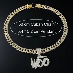 Detailed view of gold Cuban chain with 5.4 x 5.2 cm iced out WOO letter pendant