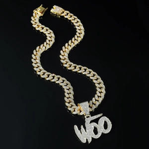 Hip Hop Iced Out WOO Letter Pendant Necklace Zinc Alloy Rhinestone Cuban Link Chain Jewelry For Men Women