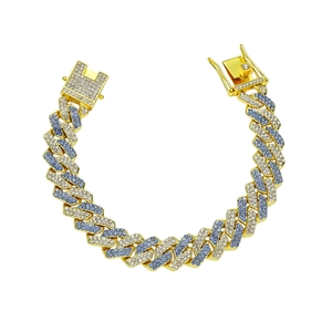 Bracelet gourmette hip hop doré pour hommes et femmes avec strass bleus et blancs