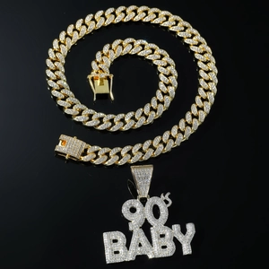 Hip hop gold Cuban link chain necklace with 90'S BABY crystal iced out letter pendant