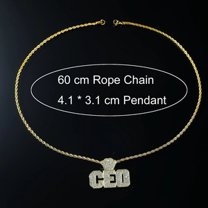 Pendentif CEO doré style Hip Hop avec chaîne corde de 60cm et pierres scintillantes