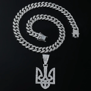 Iced out hip hop necklace with Ukraine trident pendant and Cuban link chain for men