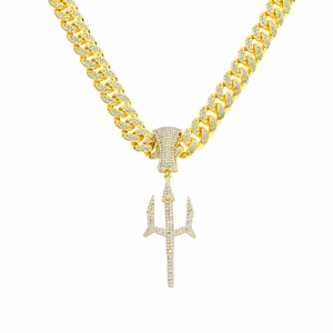 Hip Hop Trident Sword Pendant Necklace With Cuban Link Chain Zinc Alloy Rhinestone Inlaid Men Fashion Trend Jewelry