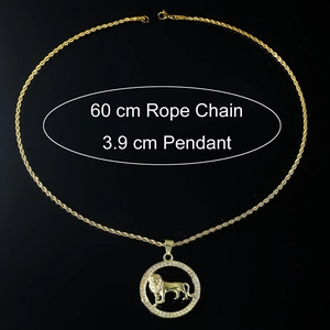 Hip hop style gold lion pendant with zircon circle and 60cm rope chain for men