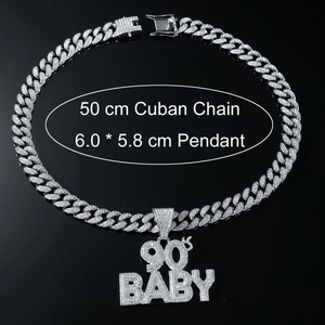 Hip hop silver Cuban chain with iced-out 90's BABY pendant and sparkling rhinestones