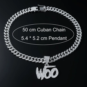 Hip hop silver Cuban chain necklace with iced-out rhinestone WOO letter pendant