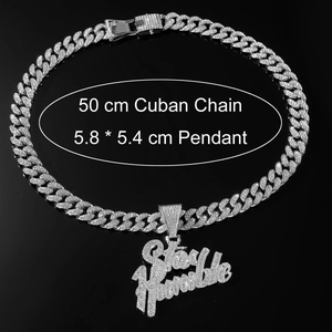 Hiphop Silberne Gliederkette mit Stay Humble Anhänger und Zirkonia Besatz, 50cm