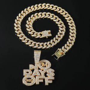 Men's hip hop gold Cuban link chain with iced-out 'NO DAYS OFF' letter pendant necklace