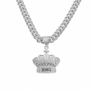 Hip hop silver crown king pendant with iced out cuban chain necklace for men