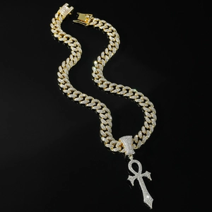 Collier Hip Hop Iced Out Avec Pendentif Croix Ankh Alliage Strass Chaîne Gourmette Or Argent Bijoux Punk Rock Homme Femme