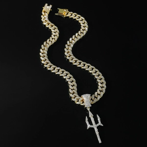 Iced out gold plated trident pendant necklace with crystal curb chain for hip hop style