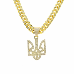 Hip Hop Iced Out Ukraine Coat Of Arms Trident Pendant Necklace For Men Alloy Rhinestone Cuban Link Chain Gold Silver Jewelry