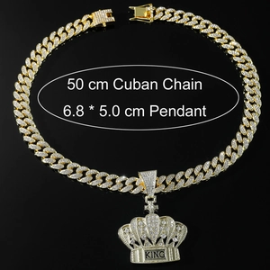 Close-up of gold iced-out King crown pendant with 50cm Cuban chain dimensions
