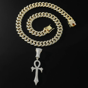 Chaîne cubaine dorée glacée avec pendentif croix Ankh argentée style hip hop