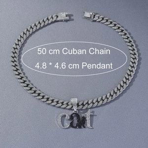 Collier hip hop avec pendentif chat et chaîne cubaine argentée de 50 cm