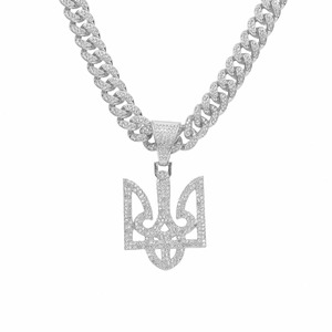 Hip hop iced out silver trident pendant necklace with crystal encrusted cuban link chain