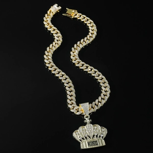 Hip Hop King Crown Letter Pendant Cuban Link Chain Necklace For Men Gold Silver Plated Full Rhinestone Iced Out Jewelry