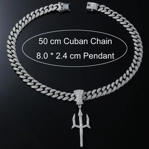 Hip hop cuban chain necklace with iced out silver trident pendant for men fashion