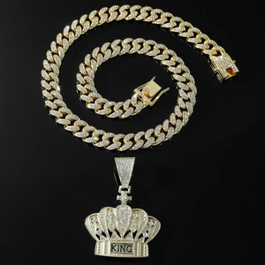 Iced out gold crown KING pendant with Cuban link chain for men hip hop jewelry