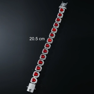 Herren Armband mit roten Herz-Kristallen und Diamantbesatz, Länge 20,5 cm, Silber