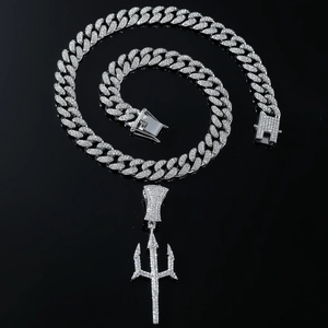 Hip hop silver Cuban chain with sparkling iced-out trident pendant for men