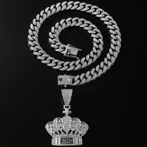 Hip hop silver crown king pendant necklace with iced out cubic zirconia cuban chain