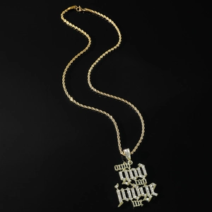 Collier Pendentif Lettre Only God Can Judge Me Hip Hop Couleur Or Strass Alliage Pendentif Acier Inoxydable Chaîne Torsadée