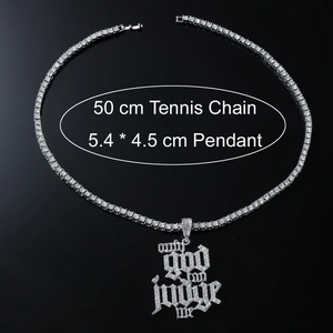 Chaîne tennis hip-hop argentée avec pendentif ONLY GOD CAN JUDGE ME glacé, 50cm long