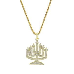 Hip Hop Rhinestone Menorah Pendant Necklace Stainless Steel Rope Chain Gold Silver Iced Out Religious Jewelry For Men Party