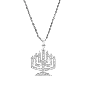 Silver Menorah pendant necklace with sparkling rhinestones and rope chain for men