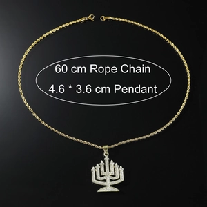 Detail view of iced out Menorah pendant with 60cm gold rope chain for hip hop style