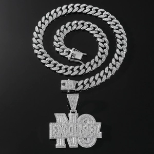 Men's hip-hop cuban link necklace with iced-out No Excusez pendant in silver finish
