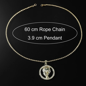 Collier hip hop tête de tigre doré avec yeux verts et chaîne corde 60cm de long