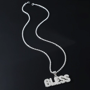 Collier pendentif lettre BLESS en argent hip hop avec diamants et chaîne corde