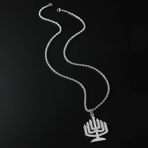Silver iced out Menorah pendant on rope chain necklace for hip hop street style jewelry