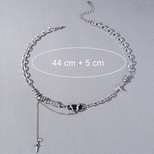 Collier pendentif croix et étoile avec perle noire et chaîne réglable de 44cm plus 5cm