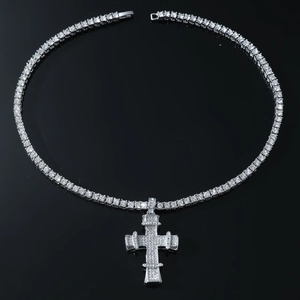 Hip hop silver cross pendant with sparkling crystals on a tennis chain for men
