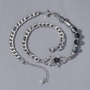 Gothic Figaro chain necklace with spider pendant and marble beads in silver finish