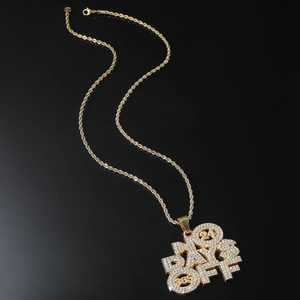 Iced out NO DAYS OFF letter pendant necklace with 24 365 digits on gold rope chain