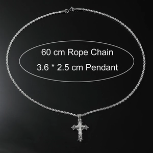Pendaglio a croce hip hop in acciaio argento con catena a corda 60cm e pietre