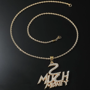 Collier hip-hop pendentif 2 Much Money avec cristaux et chaîne torsadée dorée