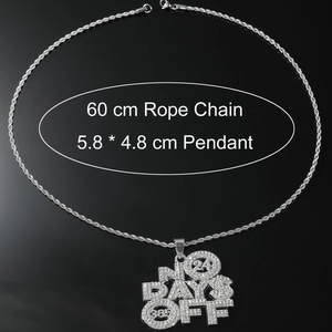 Hip-hop NO DAYS OFF iced out pendant with 60cm rope chain and shiny white rhinestones