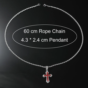 Collar hip hop de cadena plateada con colgante de cruz de cristal rojo, de 60 cm largo