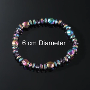 Iridescent beaded bracelet with 6cm diameter, featuring purple crystals and metallic beads