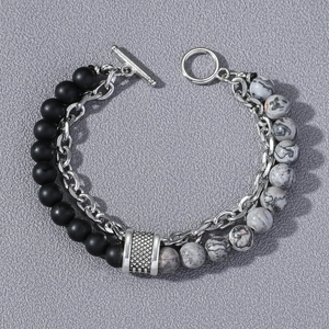 Bracelet pour Homme Style Punk Pierre Dépolie et Chaîne Ensemble de Bracelet en Alliage Géométrique Double Couche avec Boucle OT