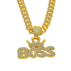 Hip Hop Iced Out BOSS Letter Pendant Necklace With Crown Alloy Rhinestone Cuban Link Chain For Men Jewelry Gift