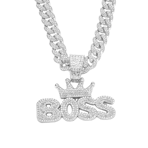 Hip hop silver Cuban chain with iced out crown BOSS pendant and white zircon stones