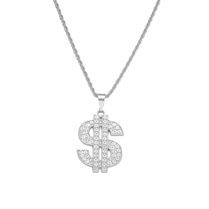 Collana con ciondolo segno del dollaro argento stile hip hop con cristalli e catena