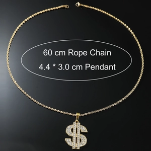 Dettaglio del ciondolo a dollaro hip hop con strass e dimensioni della catena a fune