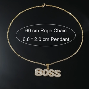Detailed view of BOSS pendant dimensions 6.6x2.0cm and 60cm golden rope chain